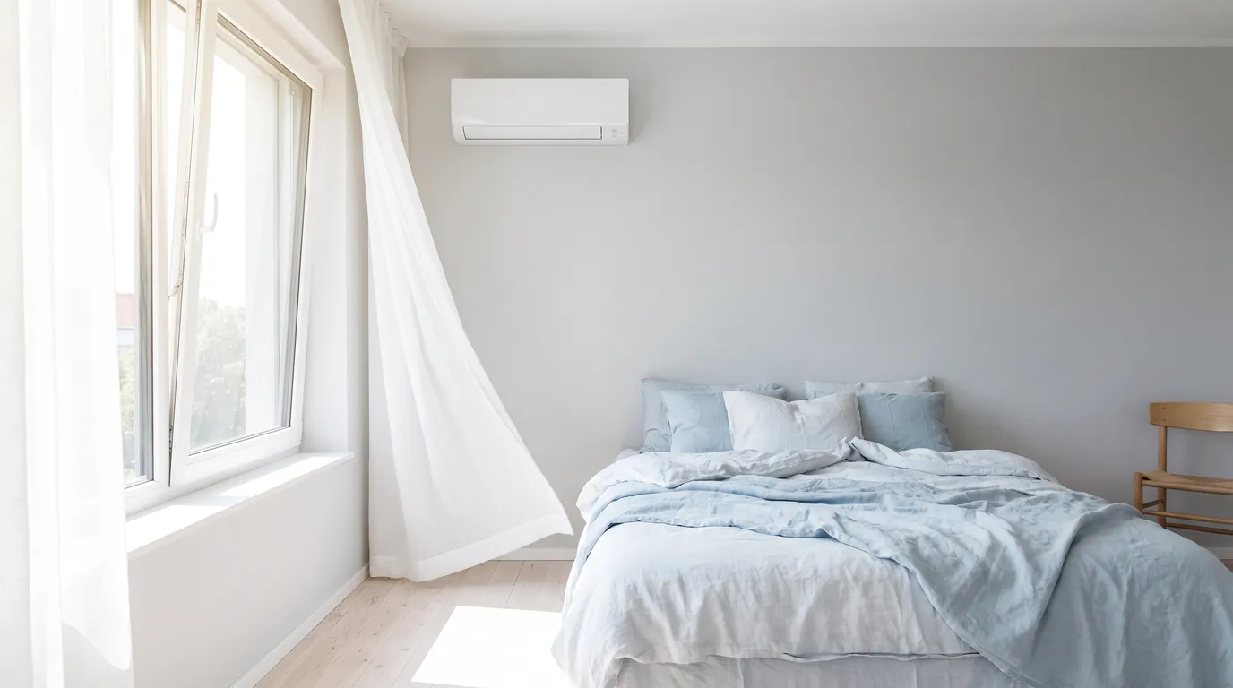 Wandklimagerät im hellen Schlafzimmer, Fenster gekippt, Vorhang weht