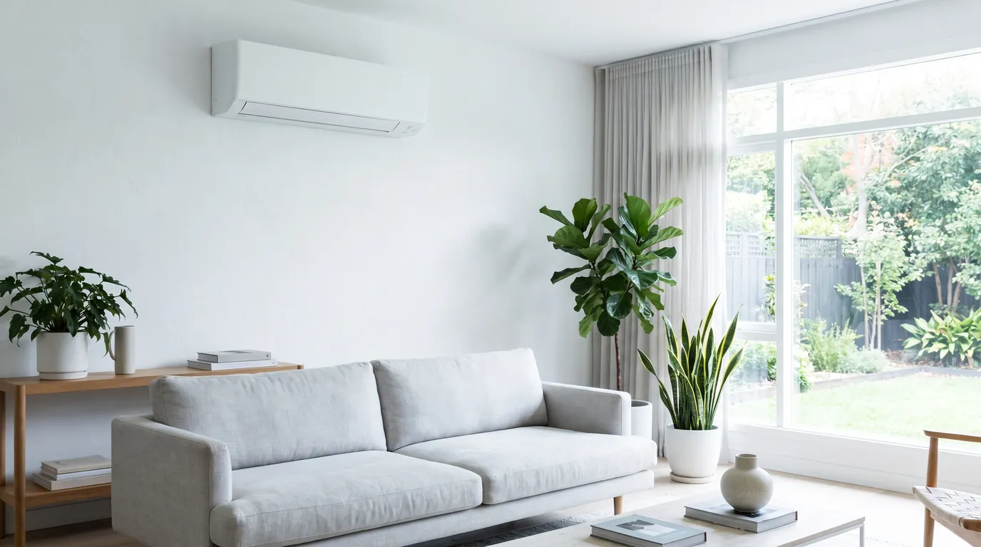 Weißes Split-Klimagerät an der Wand eines hellen Wohnzimmers über dem Sofa