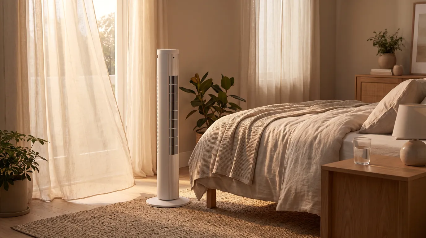 Schlanker weißer Turmventilator neben dem Bett im hellen Schlafzimmer